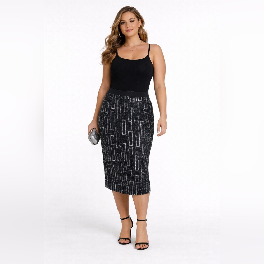 Vivendi Sequin Midi Skirt – Black & Silver – Size Large – NWT